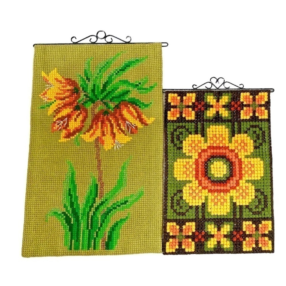Vintage Pair MCM Wall Art Hangings Floral Embroidered Mid Century Large Flowers